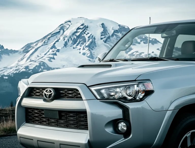 A silver SUV parked in front of a snow capped mountain