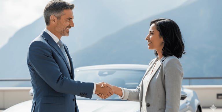 A Rainrock representative shaking hands with a client beside a vehicle